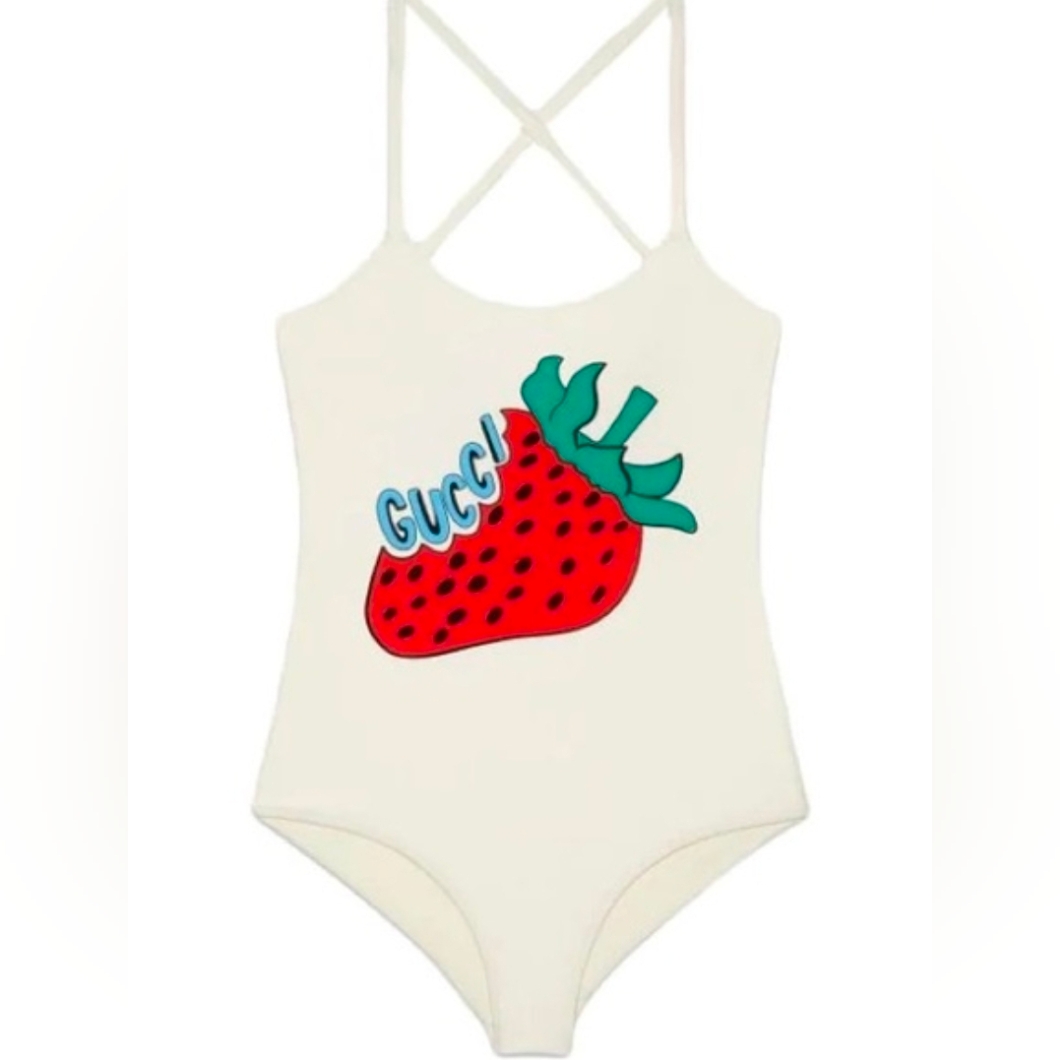 Gucci White Swimsuit With Red Strawberry Design